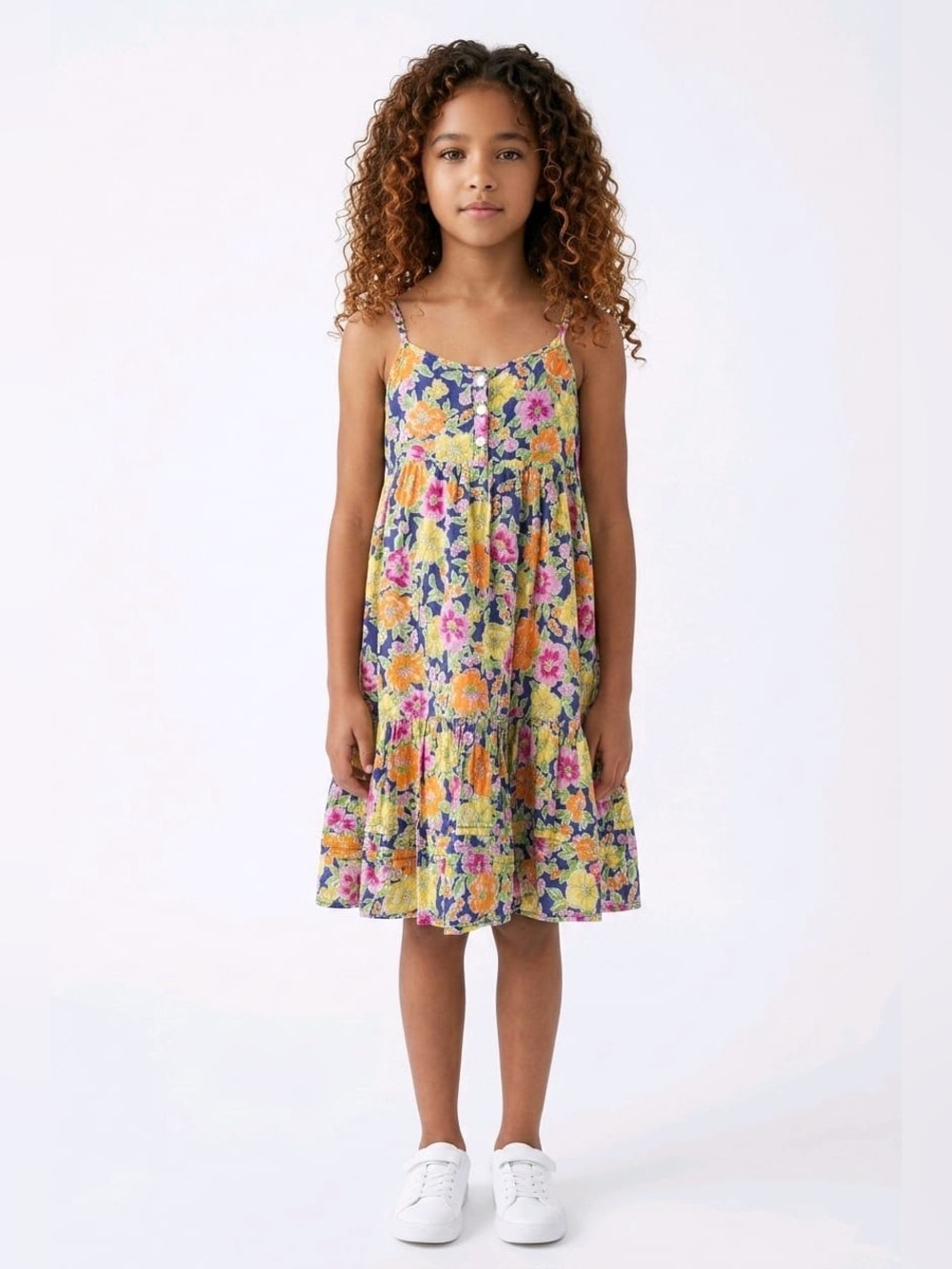 Girls Polo Floral Sundress with Spaghetti Straps - Yellow Multi
